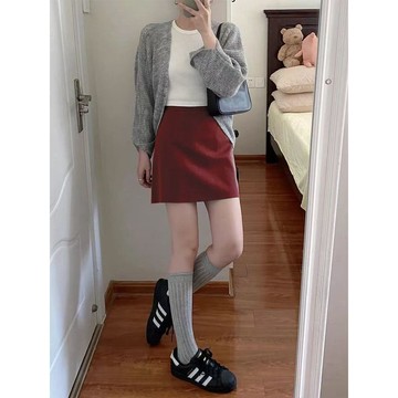 秋冬裙裝 紅色高腰a字裙 西裝短裙女 半身裙女 短裙女 秋冬裙子 韓版顯瘦半身裙 百搭顯瘦短裙 百搭半身裙 女裝
