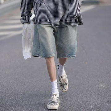 藍色牛仔短褲男水洗做舊高街褲子夏季薄款寬松五分褲美式復古褲衩