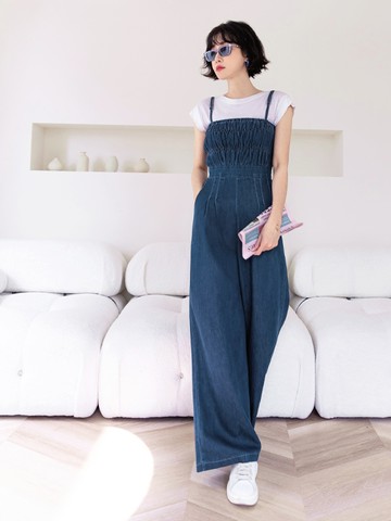 棉質高腰細肩落地牛仔吊帶褲