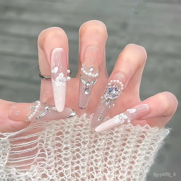 🎀純手工穿戴甲🎀【粉霧凝珠】粉色花花貓眼珍珠碎鑽法式高級顯白美甲純手工穿戴甲新年美甲貼片高級感穿戴甲顯白美甲片 1IDS