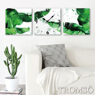 tromso品味北歐-玻璃三入無框畫時鐘-悠活綠葉/三幅一組 掛鐘 森林系裝飾 室內設計