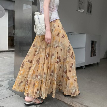 快速出貨 臺灣現貨臺灣現貨碎花雪紡百褶半身裙女夏季高腰顯瘦垂墜感a字傘裙大擺蛋糕長裙子