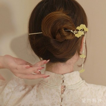 複古銀杏葉 流蘇髮簪 女後腦勺盤髮簪子 高級感 髮釵氣質頭飾髮飾