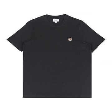 MAISON KITSUNE 狐狸頭刺繡LOGO布標設計純棉圓領短袖T恤(男款/黑)