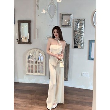 垂感白色針織高腰拖地休閑微喇叭