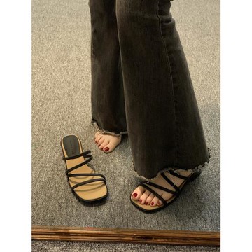 韓版粗跟拖鞋女外穿2024新款夏季百搭復古露趾小眾一字法式涼拖鞋