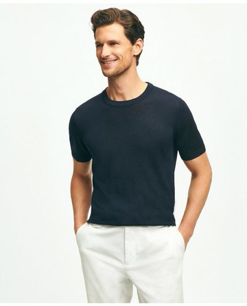 Brooks Brothers Men's Lightweight Luxe All-Season Sweater, Short Sleeve Crewneck | Navy | Size XL