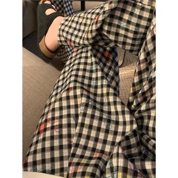 阿一手繪涂鴉格子闊腿褲女春夏季2025新款復古慵懶褲子直筒休閑褲