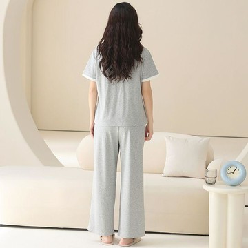 【超優惠喲】100%純棉全棉帶胸墊睡衣女家居服套裝短袖長褲春夏季氣質高雅寬鬆
