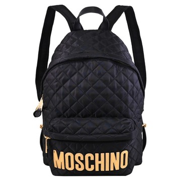 MOSCHINO 漆皮LOGO菱格尼龍雙拉鍊大背包.黑/金