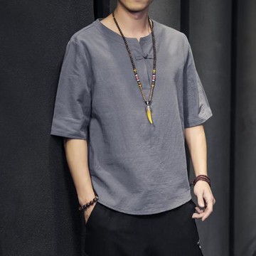 中國風男裝改良漢服亞麻短袖t恤男夏季寬松7七分袖唐裝打底半袖