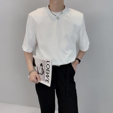 輕熟風男裝墊肩t恤男夏季薄款發型師潮牌小領口短袖純色內搭半袖