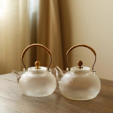 萬島閣 創意日式提梁燒水壺手工錘目紋玻璃紅茶茶具煮泡茶器耐熱