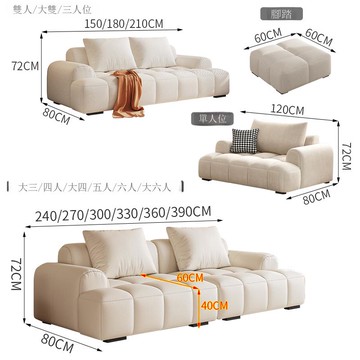法式奶油風棉花糖泡芙沙發客廳小戶型簡約布藝直排三人四人位【0113103DD】