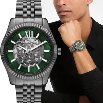 Michael Kors MK Lexington 都會時尚鏤空機械錶 男錶-綠x槍灰色/44mm MK9267