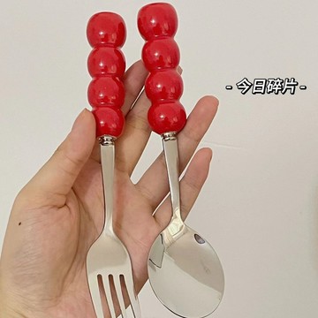 糖葫蘆勺子🎀 304不銹鋼勺子糖葫蘆陶瓷手柄家用西餐餐勺叉子高顏值圓勺調羹 不鏽鋼叉子 不鏽鋼勺子 水果叉子 甜點湯匙