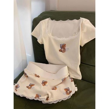 好看到心巴！可愛小熊印花蕾絲邊睡褲女夏季辣妹居家外穿緊身短褲