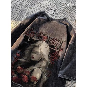 美式復古人物印花水洗做舊純棉短袖T恤夏季潮牌嘻哈痞帥半袖體恤