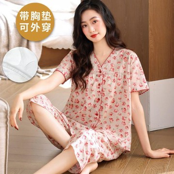 【臺灣出貨】大尺碼帶胸墊睡衣女 夏季梭織紗布短袖七分褲兩件式 夏天可外穿甜美家居服套裝