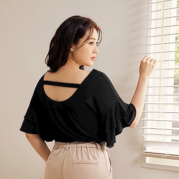 雲朵自訂款-涼感．舒涼莫代爾小露背層次喇叭袖上衣-OB大尺碼