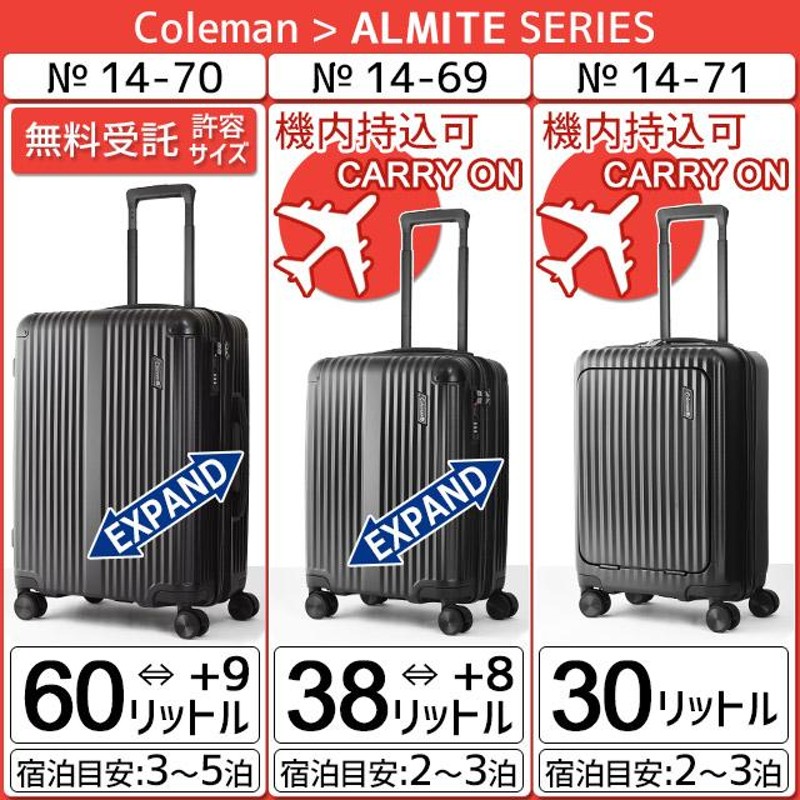 コールマン スーツケース ハード 4輪 拡張型 56センチ 60〜69リットル Coleman ALMITE ダブルキャスター エキスパンダブル  キャリーケース 14-70 | LINEショッピング