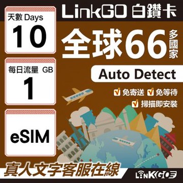 LINKGO白鑽卡 全球66國 eSIM卡 10天上網卡 每日1GB(全球網卡 亞洲 歐洲 美洲 大洋洲 非洲)
