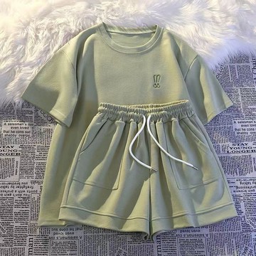 SY純棉大尺碼運動套裝女夏季新款休閑時尚刺繡短袖短褲套裝韓版寬松舒適外穿大碼兩件套學院風日系穿搭套裝ins潮