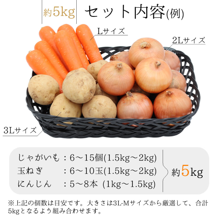  じゃが玉人参セット 約5kg じゃがいも・玉ねぎ・人参の定番野菜 3品目の野菜詰め合わせ 夏季は7～8品目 野菜 セット 大村市 古瀬青果 [ACBD008]