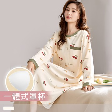 連身睡裙【罩杯式】棉柔舒適 櫻桃小花 印花寬版外穿長袖睡衣 居家服 7002