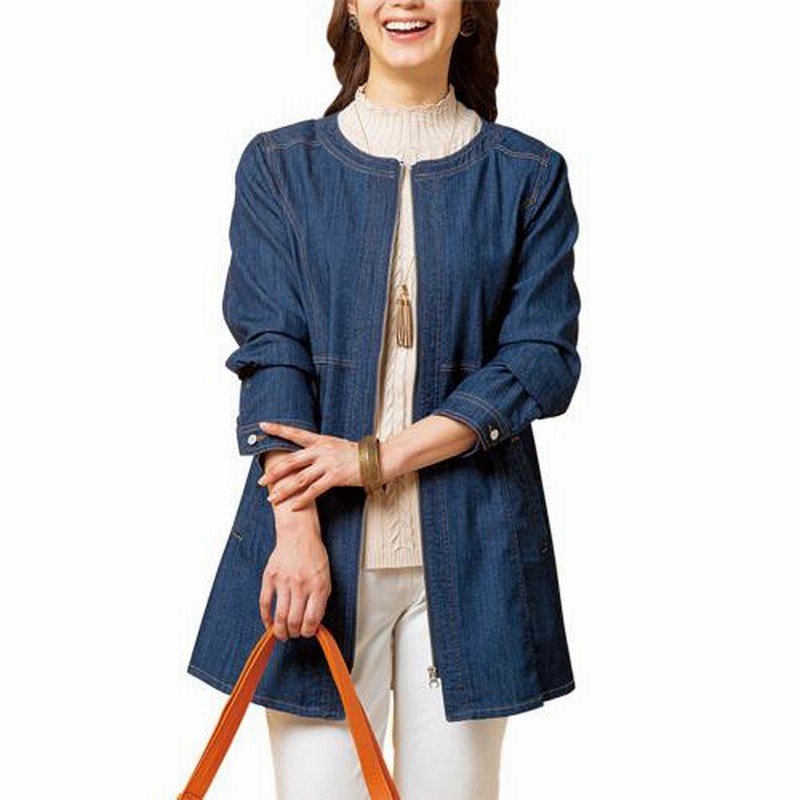 ノーカラージャケット レディース ノーカラーデニムロング