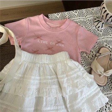 韓版女寶寶超甜芭蕾風公主小蝴蝶結上衣短袖花苞裙女寶寶套裝潮款