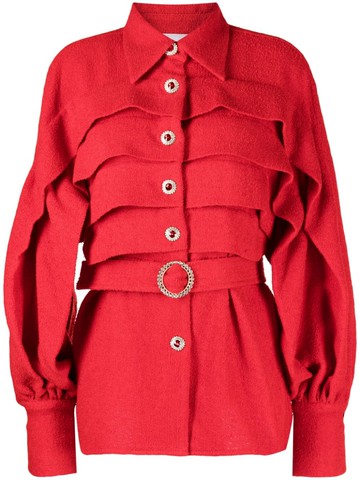 Edward Achour Paris - button-down belted shirt jacket - women - Wool/Polyester - 38 - Red
