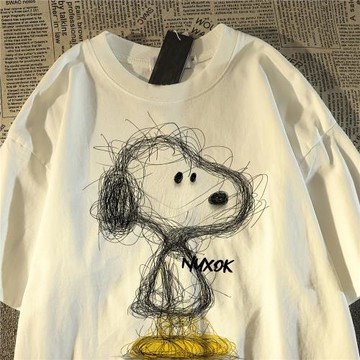 美式復古插畫潦草卡通史努比印花短袖T恤女男韓版慵懶風純棉上衣