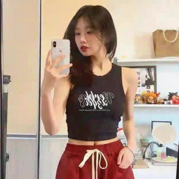 白鹿my同款超火潮運動大圓領字母印花無袖吊帶背心t恤女