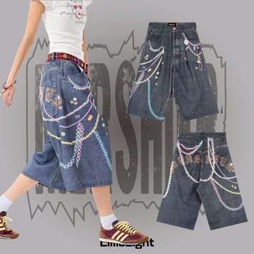 ☆LimeLight☆ MERSHIER 復古趣味印花3D彩色鏈條 七分褲 牛仔褲 廣州連線 MER-012