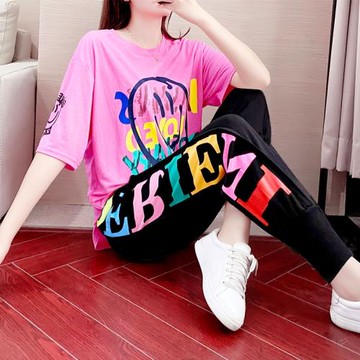 嘻哈時尚運動套裝女夏寬松潮2025曳步舞休閑褲短袖兩件套顯瘦洋氣