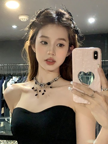 反派女主 黑色鋯石流蘇choker頸鏈輕奢小眾項鏈配飾女