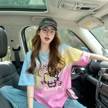 多巴胺彩色暈染純棉T卹女可愛風哈嘍貓印花中長版氣質上衣潮
