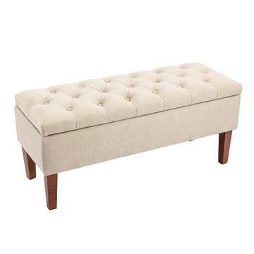 E-home Ugo烏格歐式布面拉扣實木腳收納長凳-兩色可選淡米色