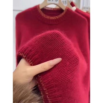秋冬款圓領羊毛衫長袖套頭毛衣女寬松加厚羊絨衫新年紅針織打底衫