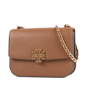 TORY BURCH BRITTEN 荔枝紋翻蓋編織鍊帶肩背/斜背二用包-焦糖色