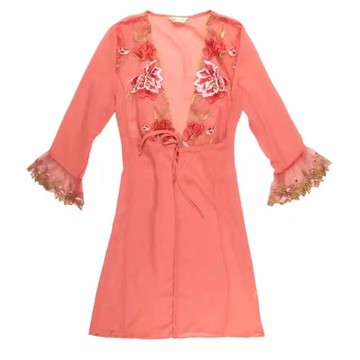 女士夏睡袍性感誘惑繡花短袖浴袍柔軟雪紡外袍時尚睡衣家居服品質