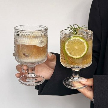 復古風太陽花浮玻璃杯高顏值酒杯設計感飲料果汁高腳水杯子