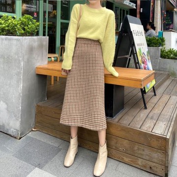 美拉德穿搭羊毛呢半身裙女中長冬季格子高腰顯瘦包臀a字裙大碼胖m