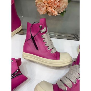 粗鞋帶ro高幫鞋女真皮2023新款亮粉色歐美厚底增高綁帶大碼短靴潮