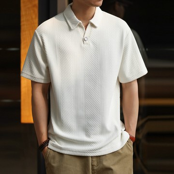 Wuluwear 330g重磅單粒扣提花POLO衫男美式休閒肌理感短袖翻領上衣