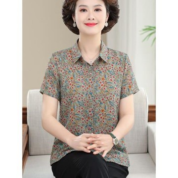 媽媽夏裝短袖襯衫女洋氣40歲50中老年女兩件套中年人夏天真絲襯衣