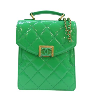【二手名牌BRAND OFF】CHANEL 香奈兒【激安價】綠色 亮面漆皮 菱格紋 肩背包 金扣