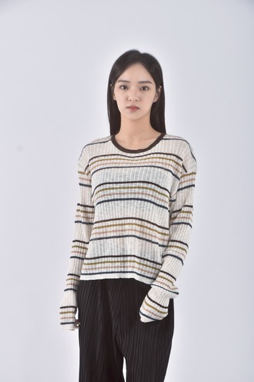 (F) miss happy studio質感針織條紋白色長袖上衣