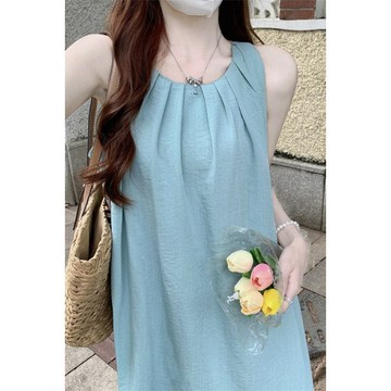 『ATC』 夏天洋裝 法式連衣裙 夏天女裝 夏季新款 時尚海邊度假風 溫柔掛脖無袖背心長裙 顯瘦洋裝